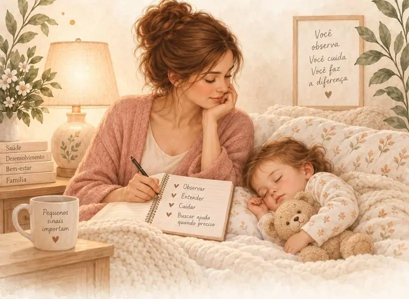 Ilustração de uma mãe anotando observações num caderno enquanto a criança dorme ao lado.